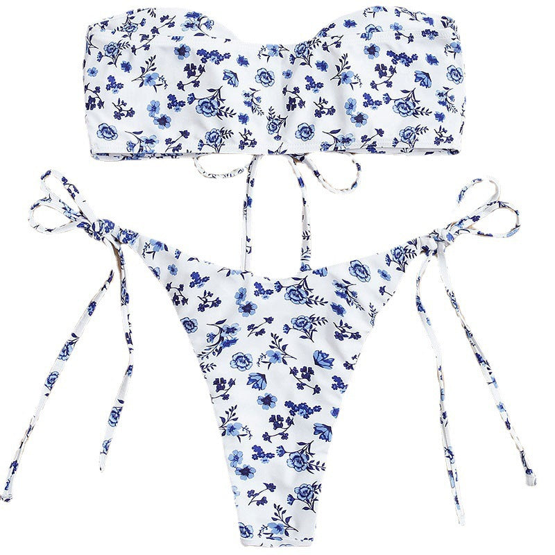 Women's Floral Cut-Out Bandeau Bikini with Adjustable Straps