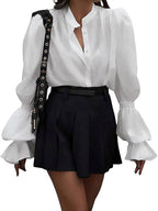 Women's Blouse with Elegant Puff Sleeves and Timeless Stand-Up Collar