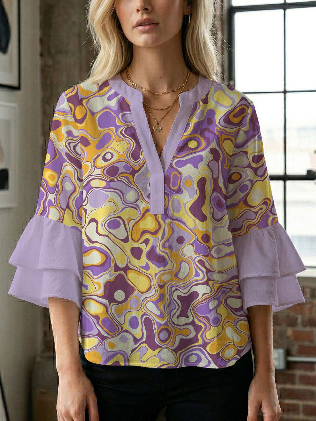 Women's Blouse with Voluminous Flutter Sleeves and Leaf Print