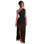 Women's Asymmetrical Evening Dress with Elegant Slit and Flowing Material
