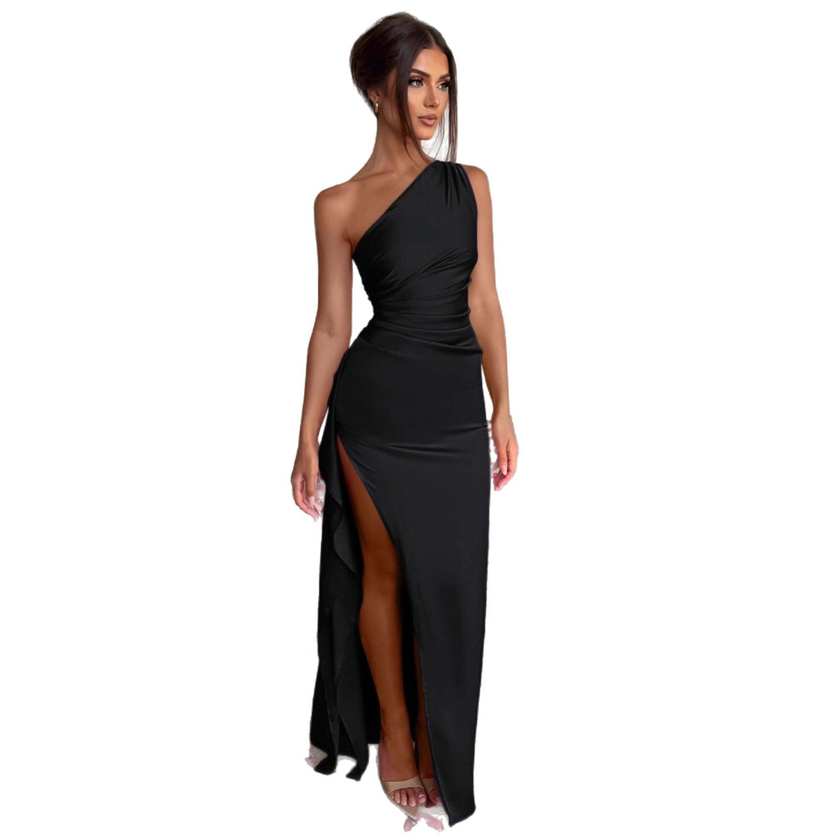 Women's Asymmetrical Evening Dress with Elegant Slit and Flowing Material
