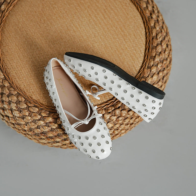 Women's Ballet Flats with Decorative Rhinestones and Bow Design