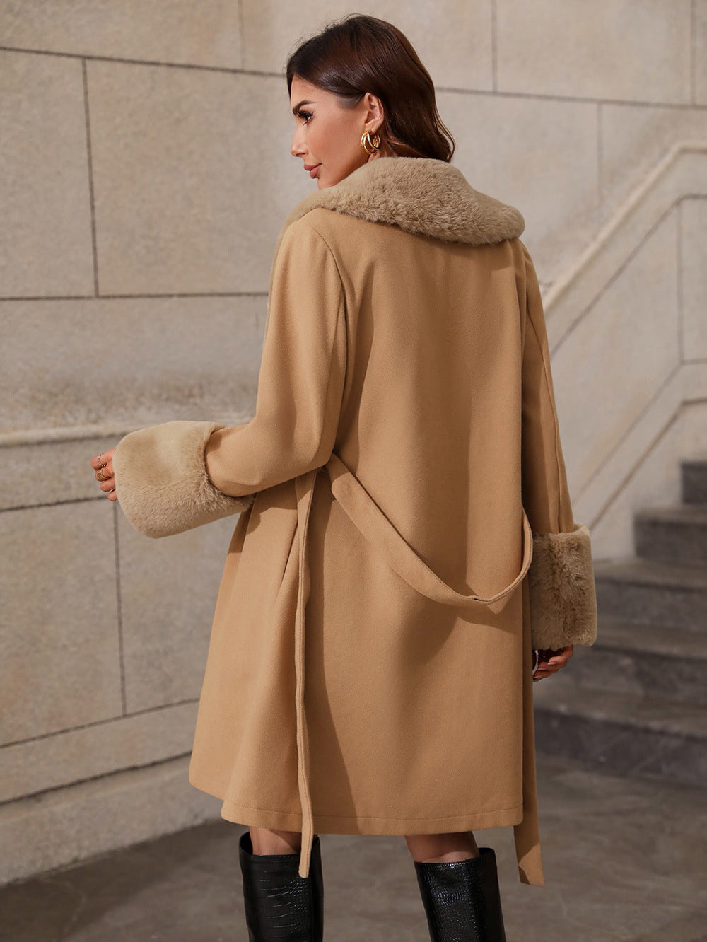 Elegant Transitional Jacket with Soft Collar and Tie Belt