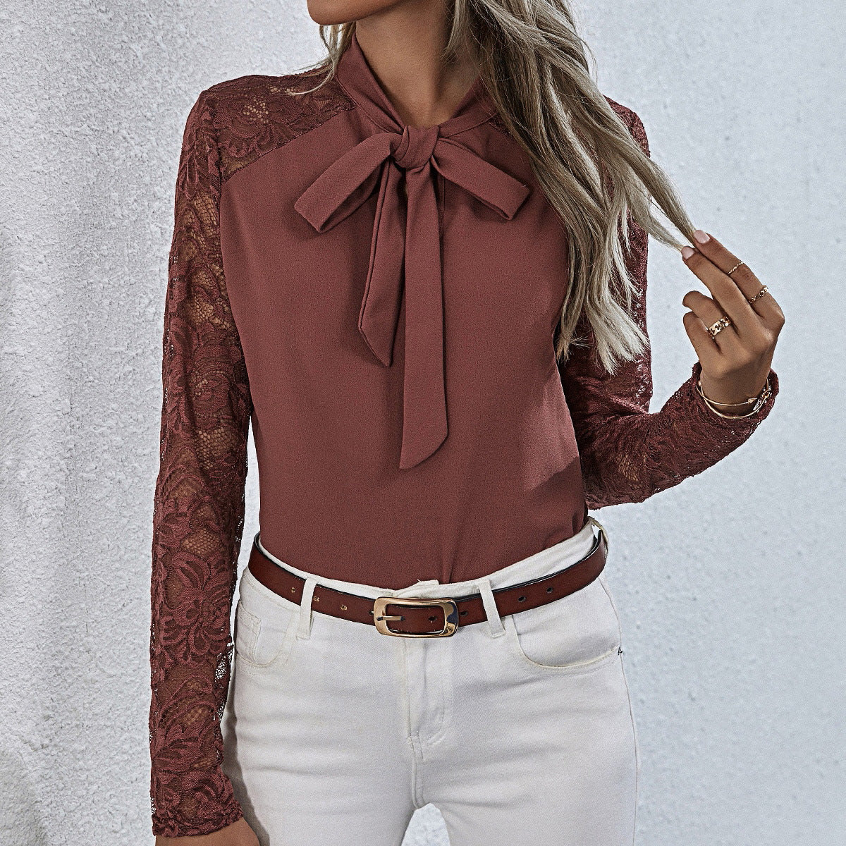 Women's Blouse with Ruffle Details and Tie Neck