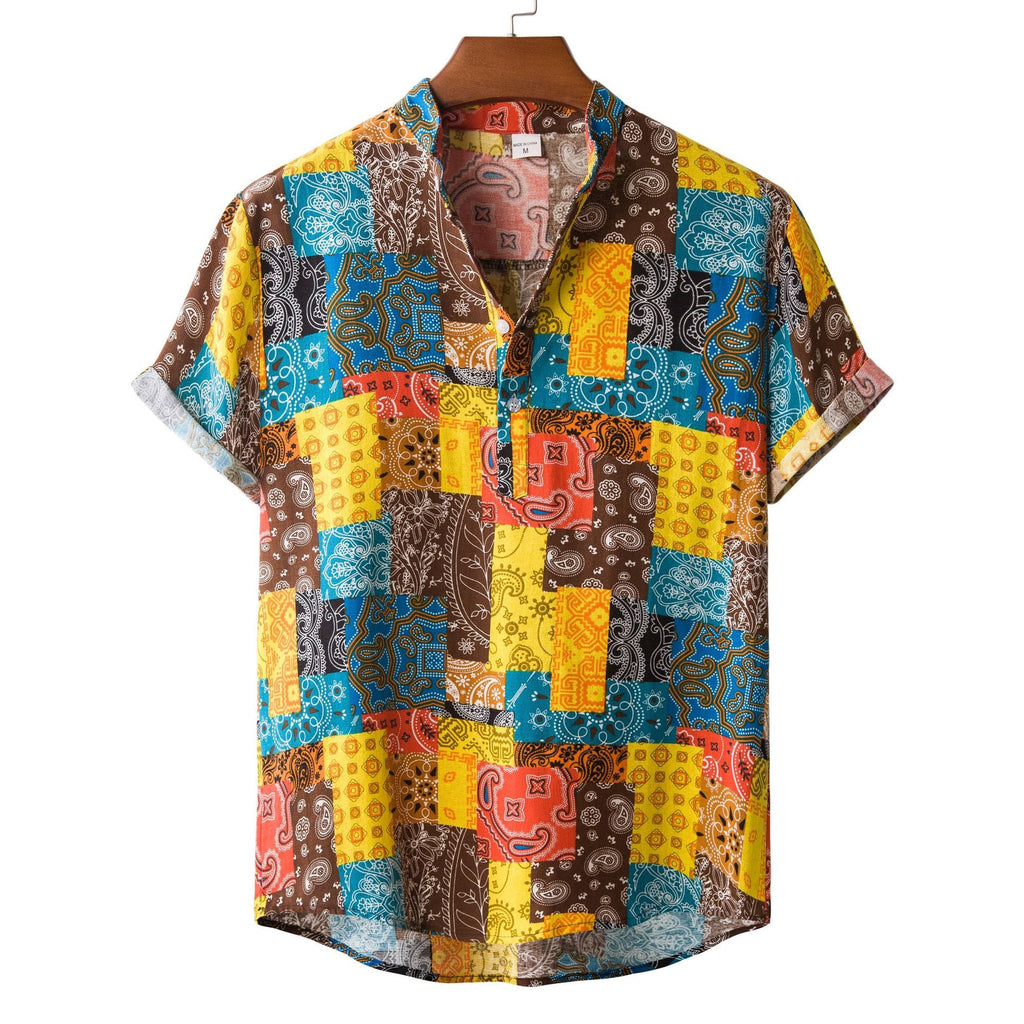 Women's Short-Sleeve Shirt in Creative Patchwork Design