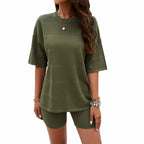 Women's Airy Sport Top and Shorts Set with Knit Design