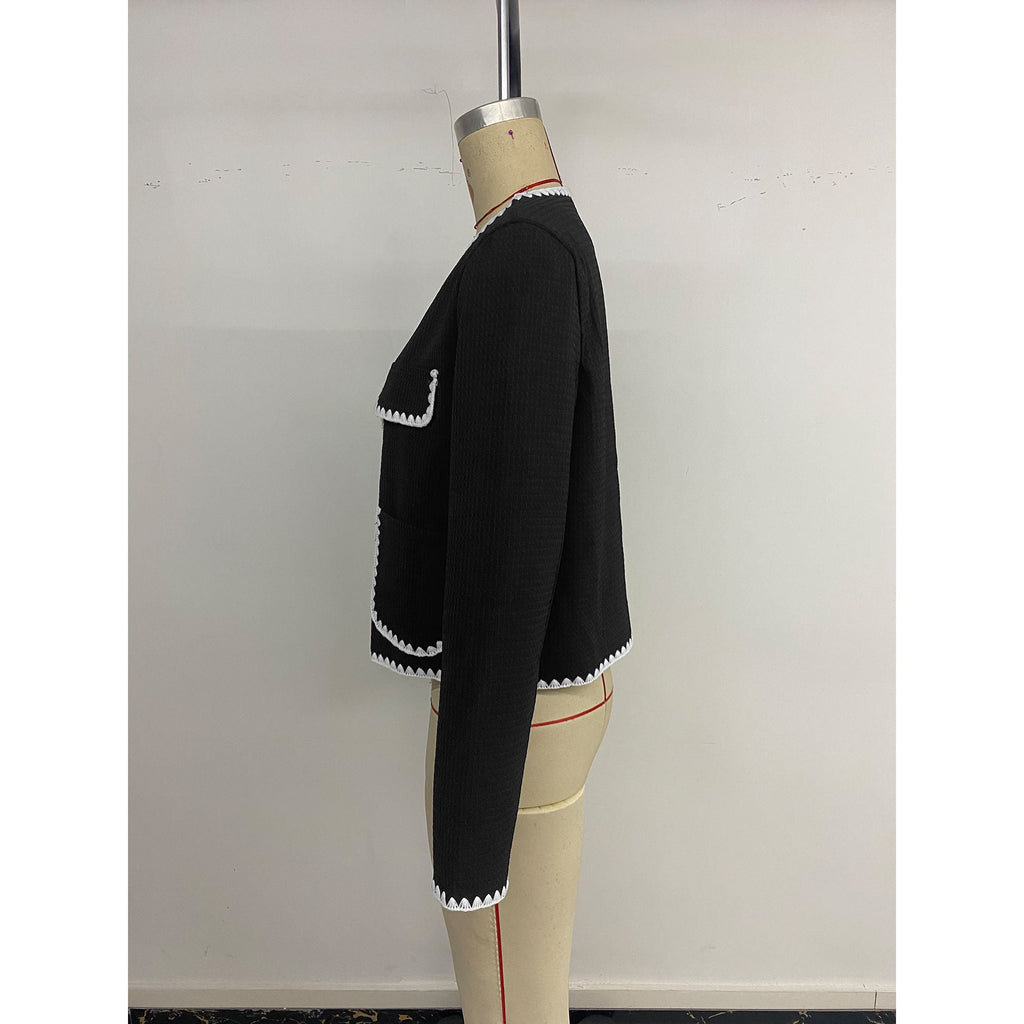 Women's Elegant Short-Sleeve Blazer with Contrast Piping and Pockets