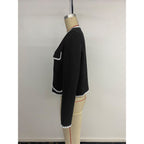 Women's Elegant Short-Sleeve Blazer with Contrast Piping and Pockets