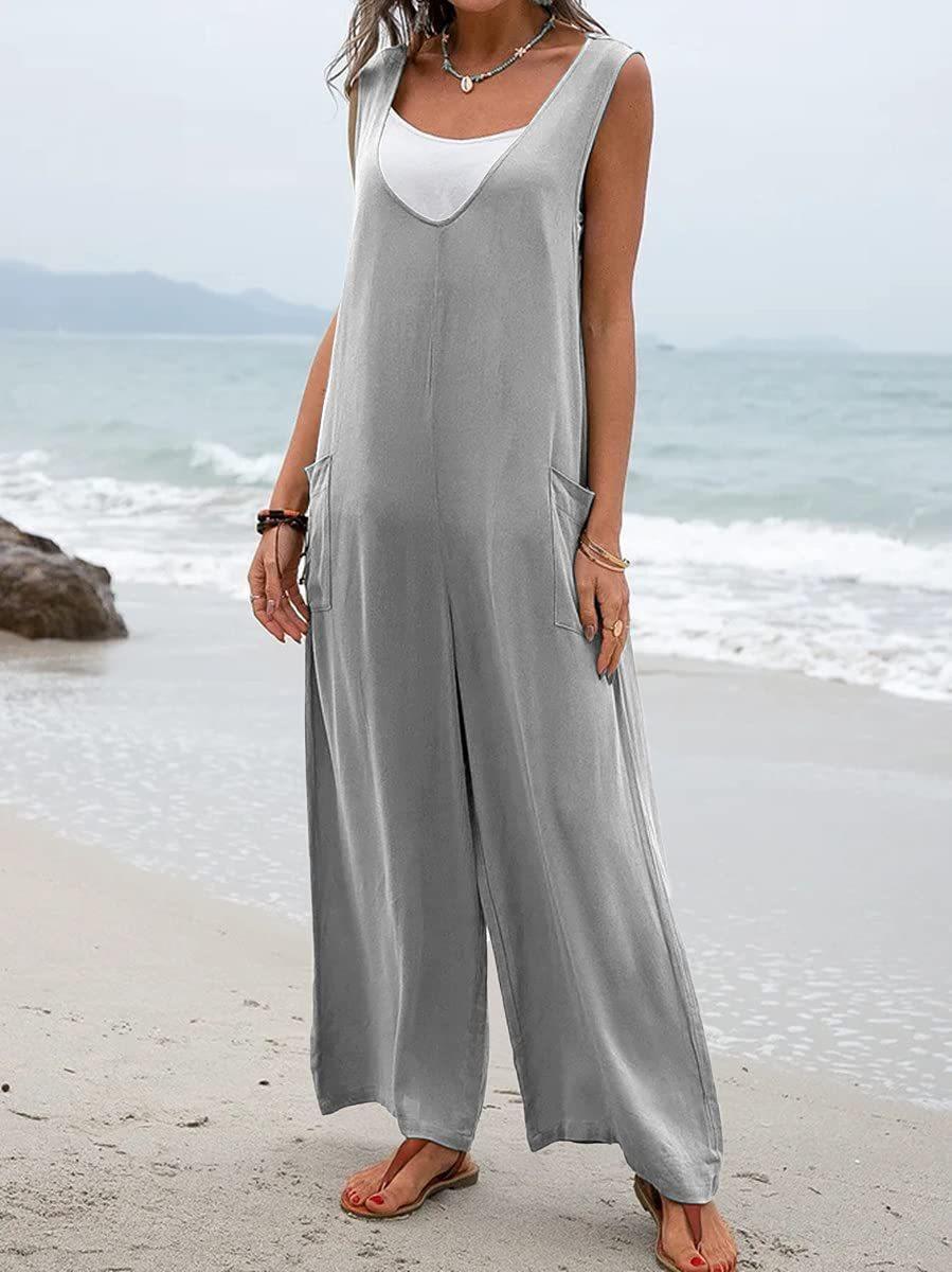 Casual Jumpsuit with Deep V-Neck and Practical Pockets