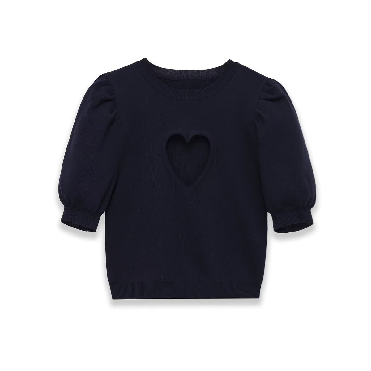 Women's Cotton Sweater with Heart-Shaped Neckline and Puff Sleeves