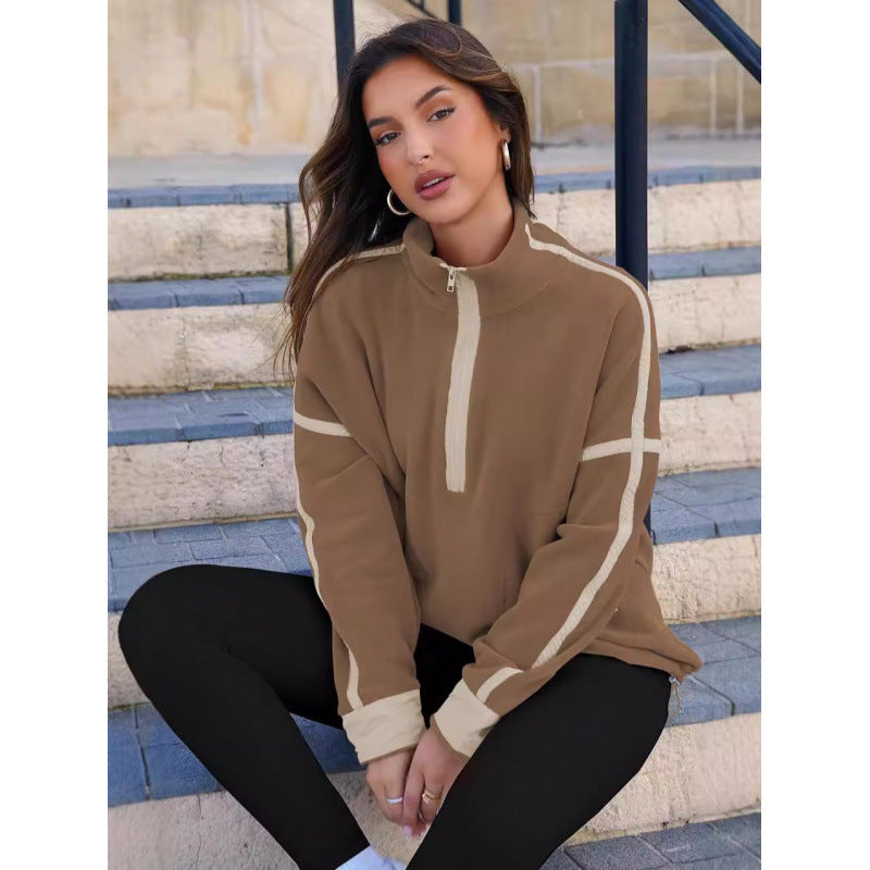 Women's Fleece Pullover with Half Zipper and Contrasting Sleeves