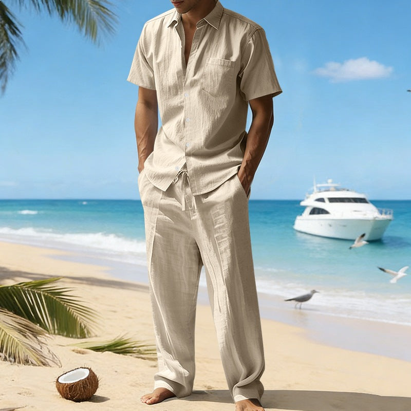 Men's resort-appropriate short-sleeve shirt with chest pocket and casual linen drawstring pants