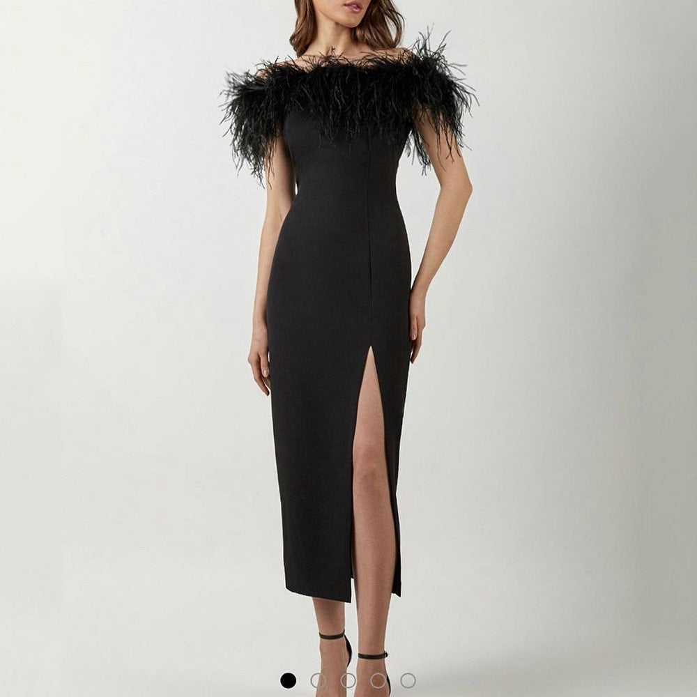 Evening Dress with Feather-Trimmed Bodice