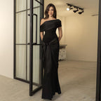 Women's Floor-Length Evening Dress with Asymmetric Cut and V-Neck