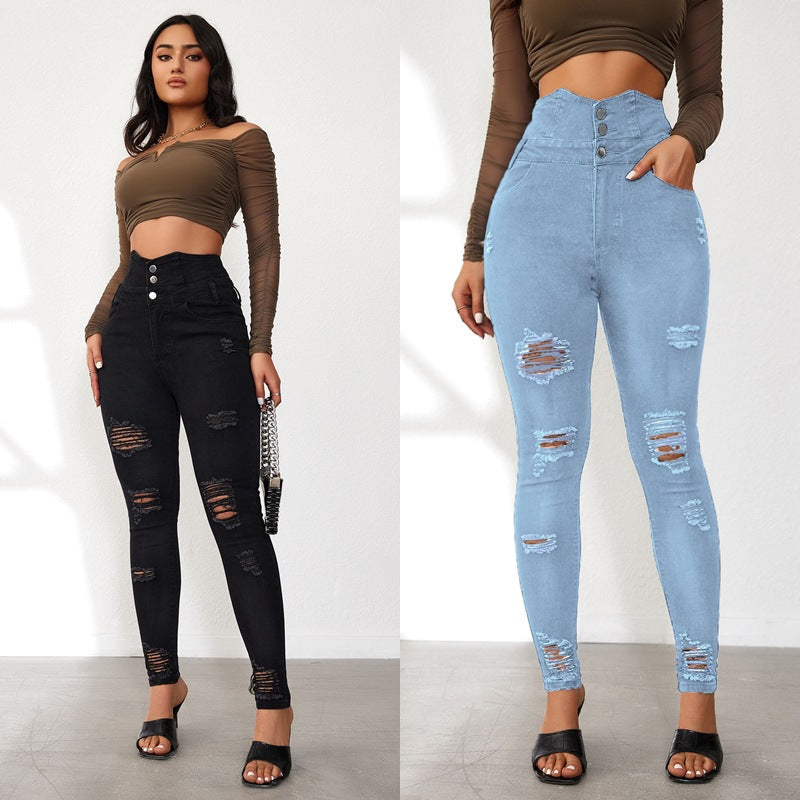 High-Waist Jeans with Distressed Details