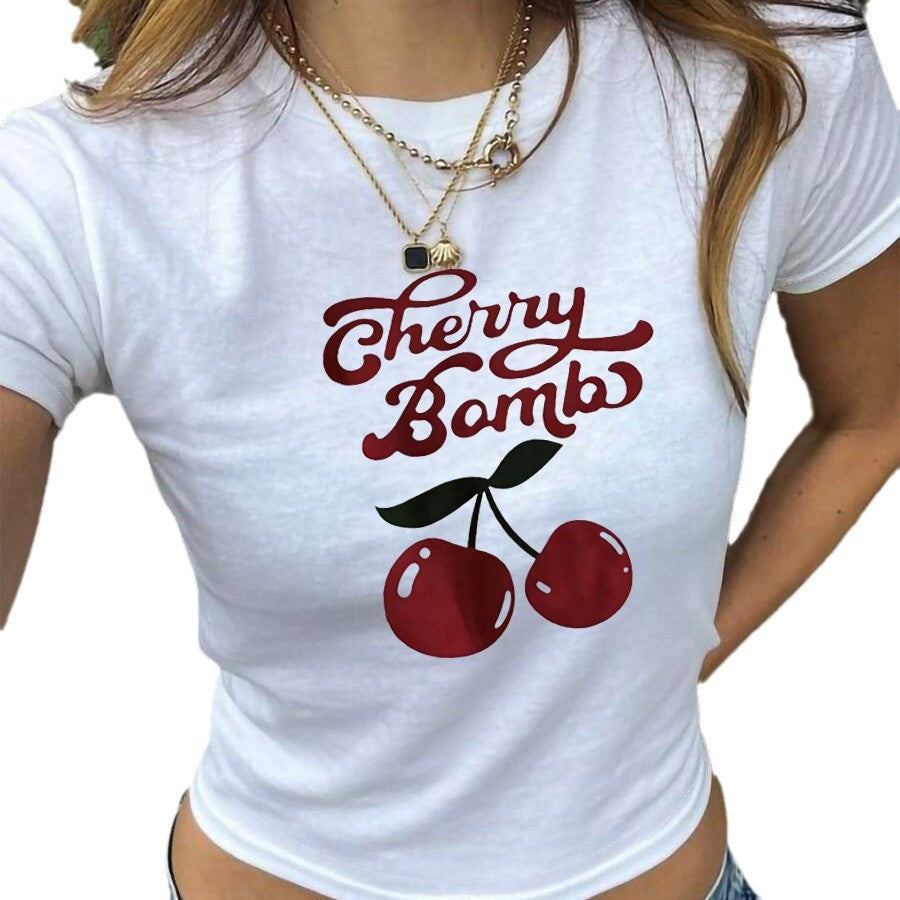 Women's Relaxed Fit Cropped T-Shirt with Cherry Print