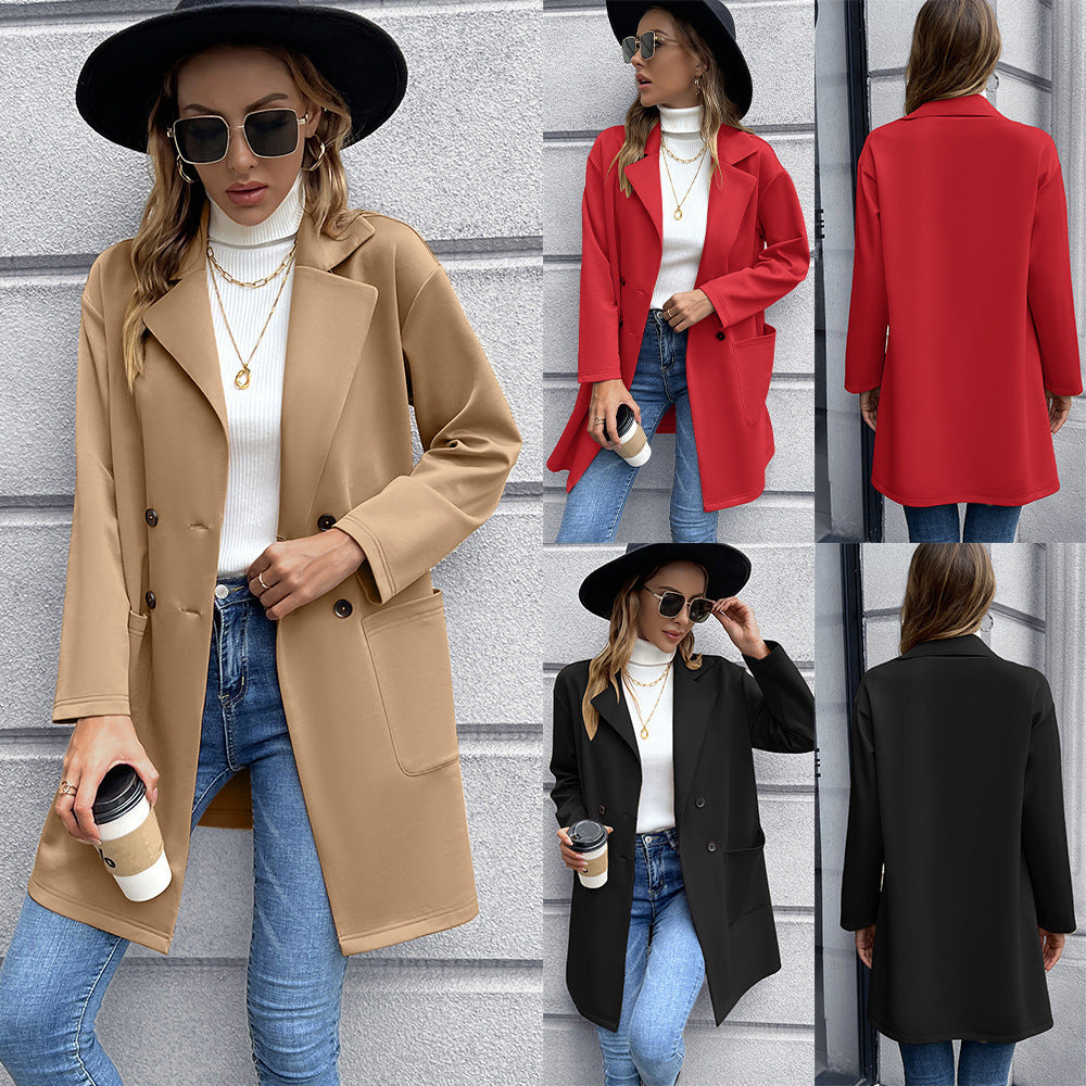 Women's Elegant Oversized Blazer Jacket with Double-Breasted Placket and Practical Pockets