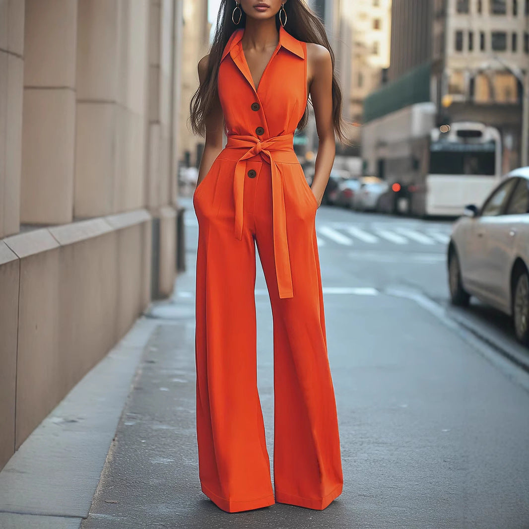 Elegant Women's Jumpsuit with Chic Collar and Waist Belt