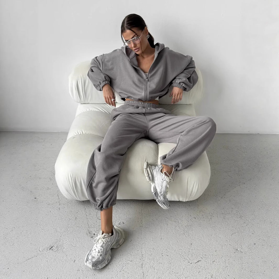 Casual Sweater Set with Cropped Hoodie and Comfortable Pants
