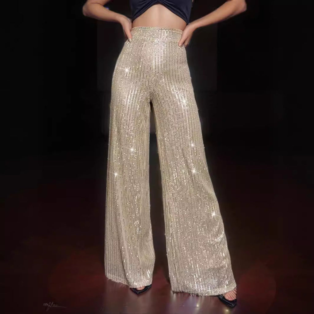 Women's Glamorous Wide-Leg Maxi Pants with Glitter Stripes