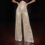 Women's Glamorous Wide-Leg Maxi Pants with Glitter Stripes