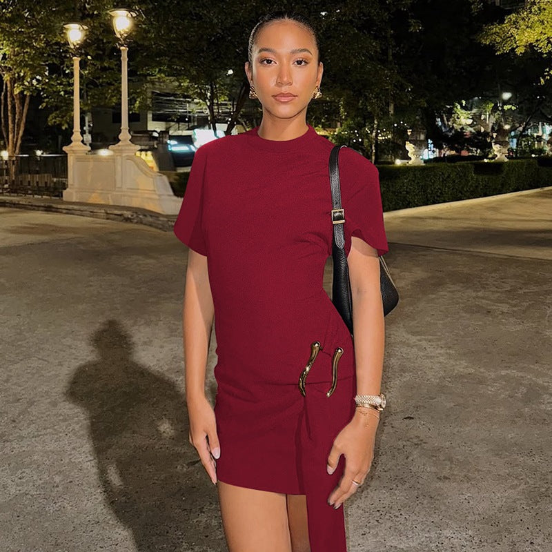 Women's Asymmetrical Mini Dress with Elegant Slit and Refined Details