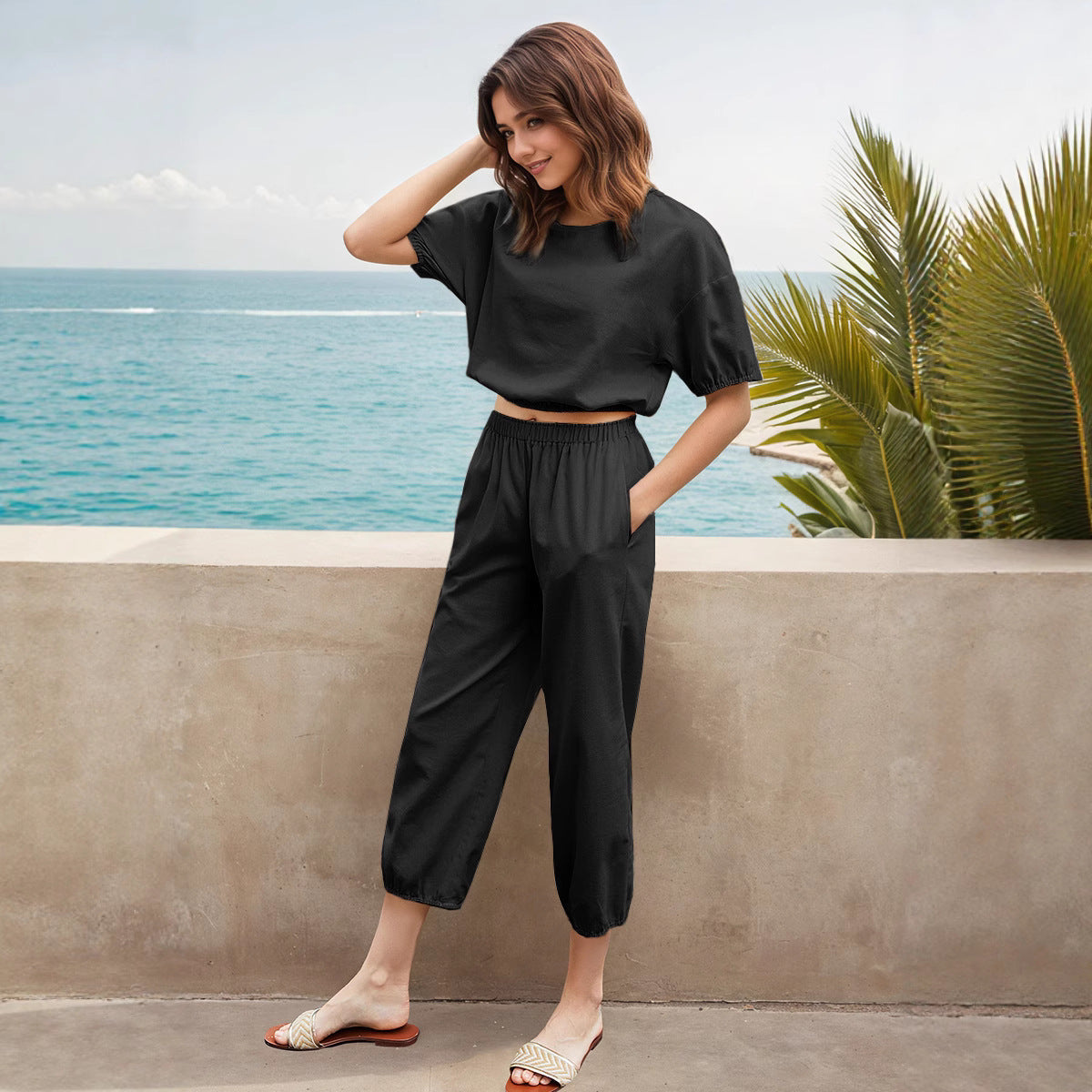Women's Fashionable Two-Piece Set with Elastic Waist and Stylish Puff Sleeves
