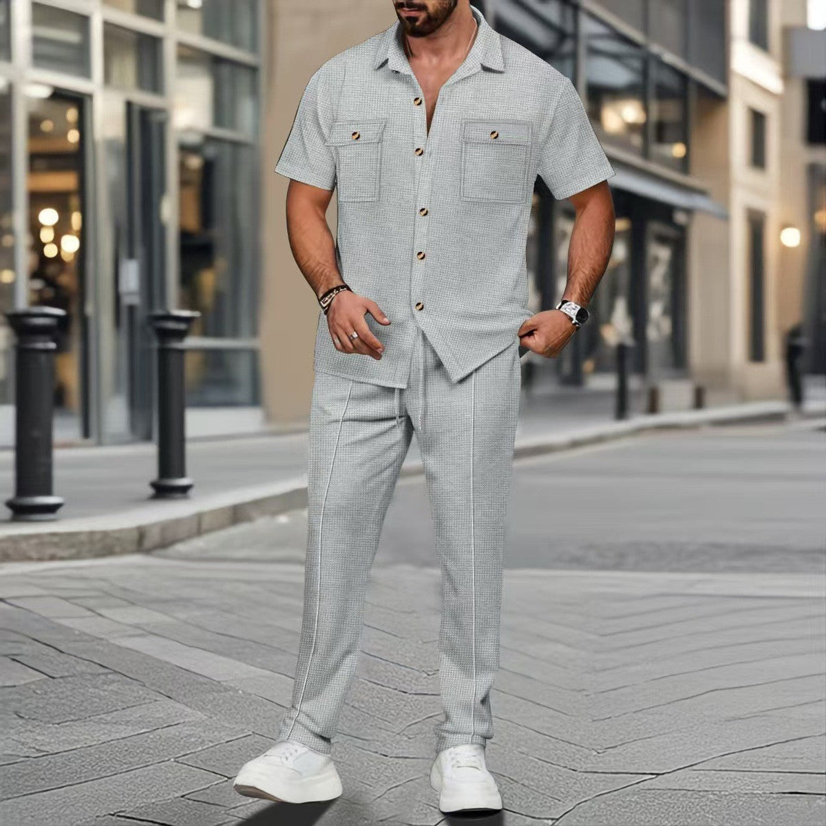 Men's Casual Tracksuit with Camp Shirt and Drawstring Pants