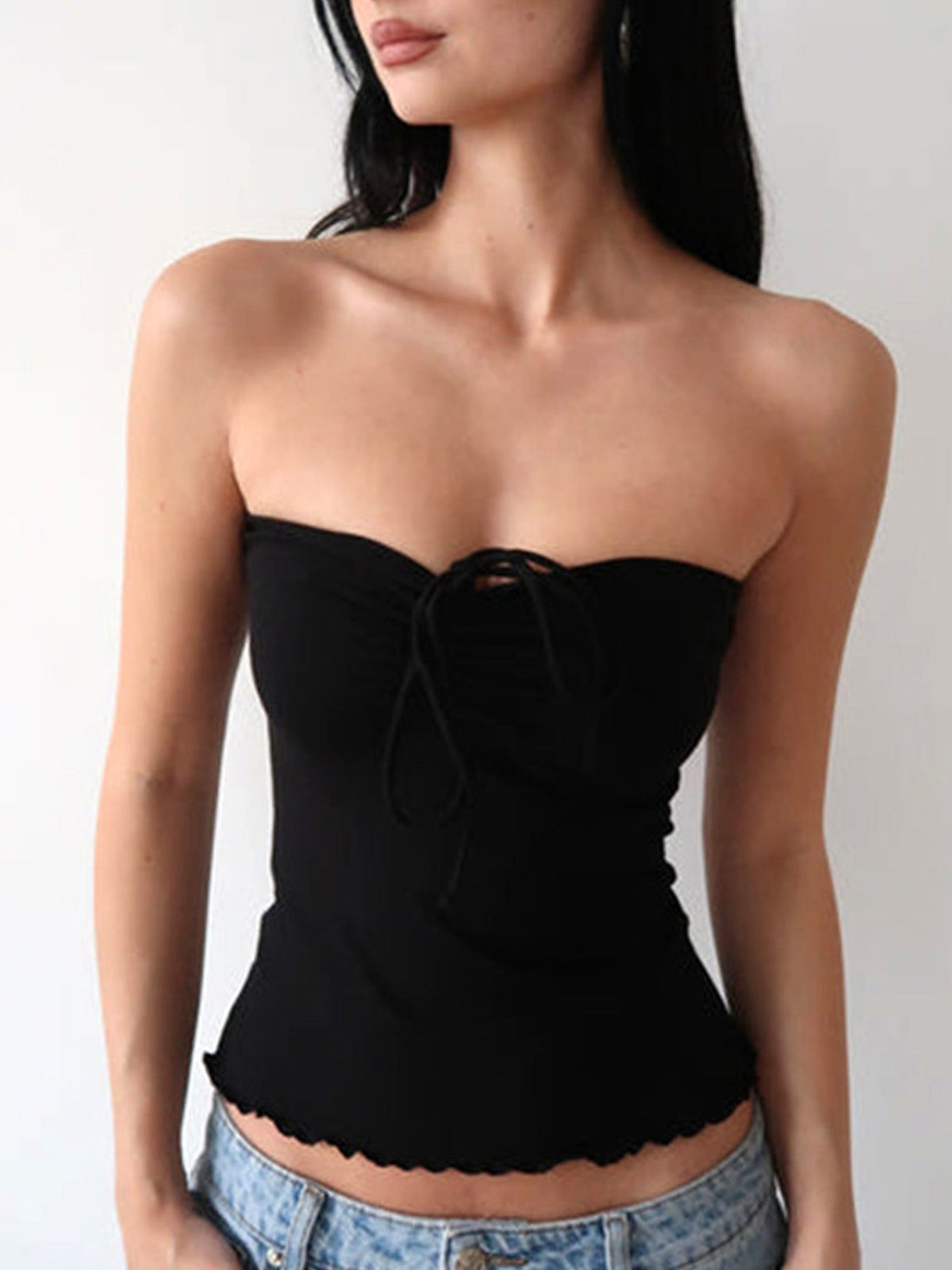 Women's Bandeau Top with Delicate Ruffle Details and Adjustable Straps