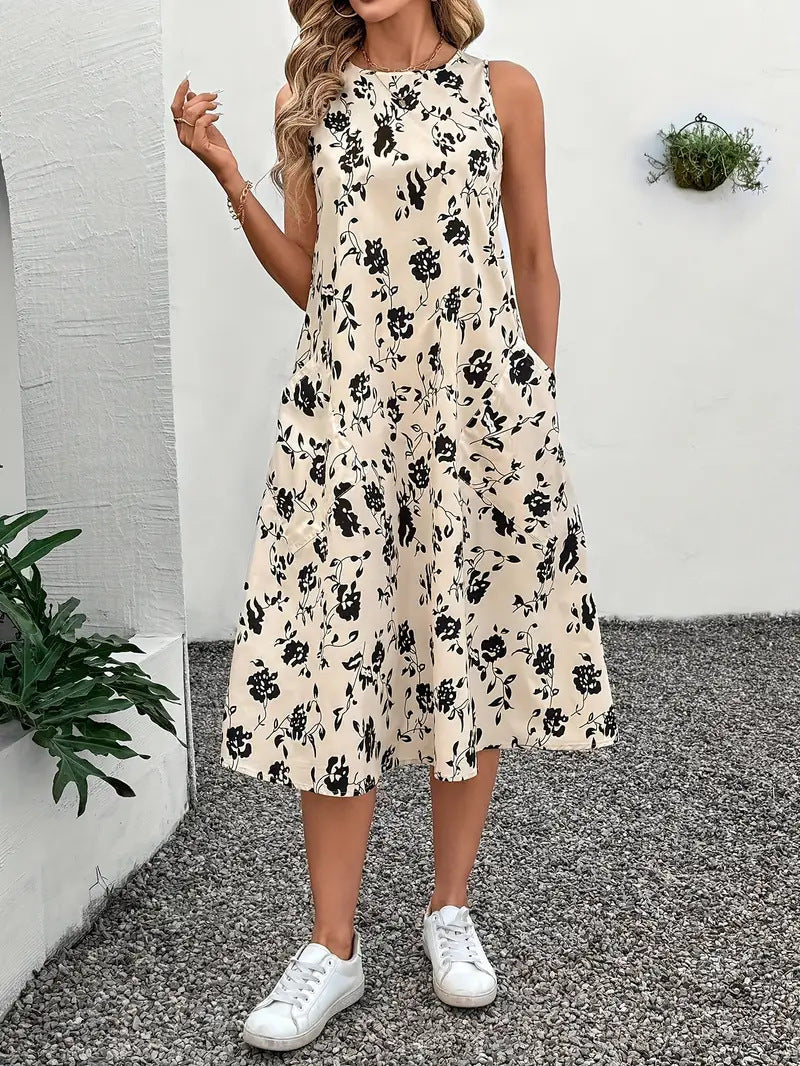 Women's Sleeveless Floral Maxi Dress with Pockets