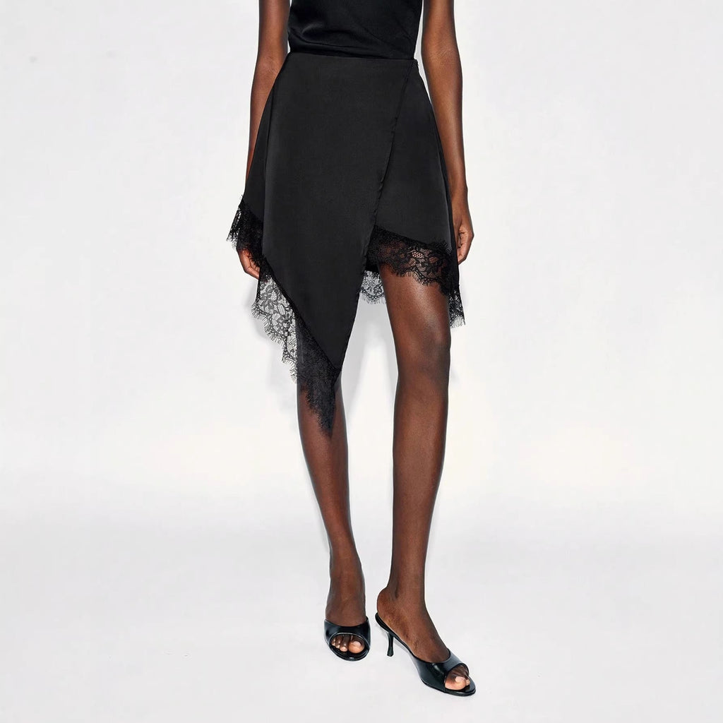 Women's Asymmetrical Wrap Skirt with Lace Trim and Satin-Like Drape