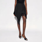 Women's Asymmetrical Wrap Skirt with Lace Trim and Satin-Like Drape