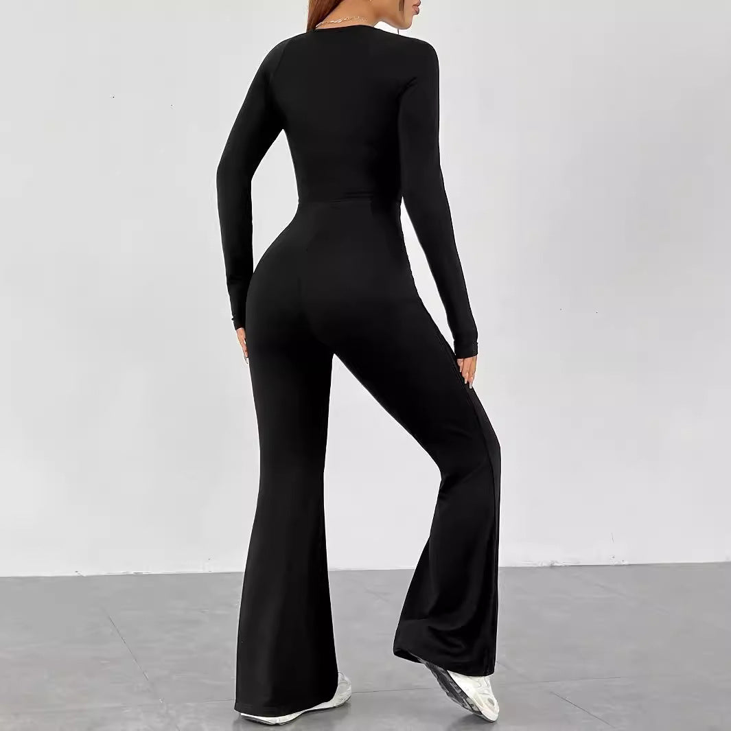 Women's Long-Sleeve Jumpsuit with Square Neck and Wide Leg