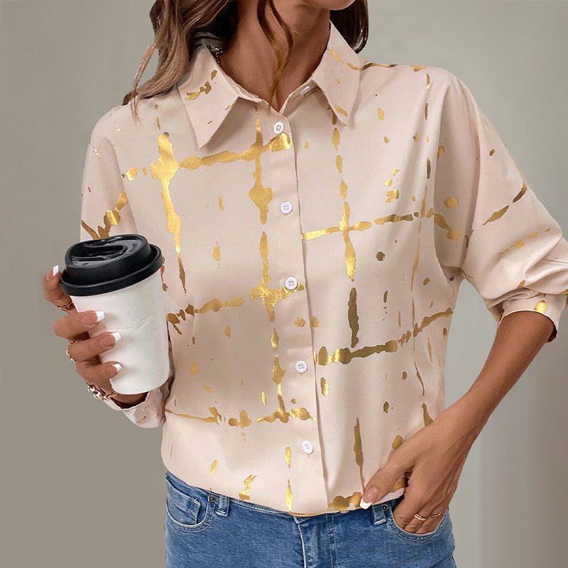 Elegant Long-Sleeve Blouse with Gold Foil Print