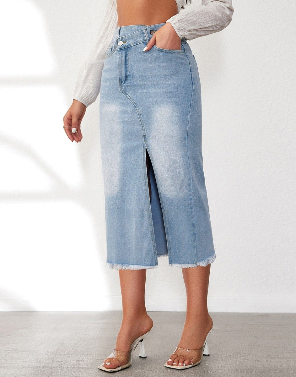 Women's Denim Midi Skirt with High Slit and Frayed Hem