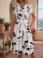 Women's Floral Midi Dress with Adjustable Belt
