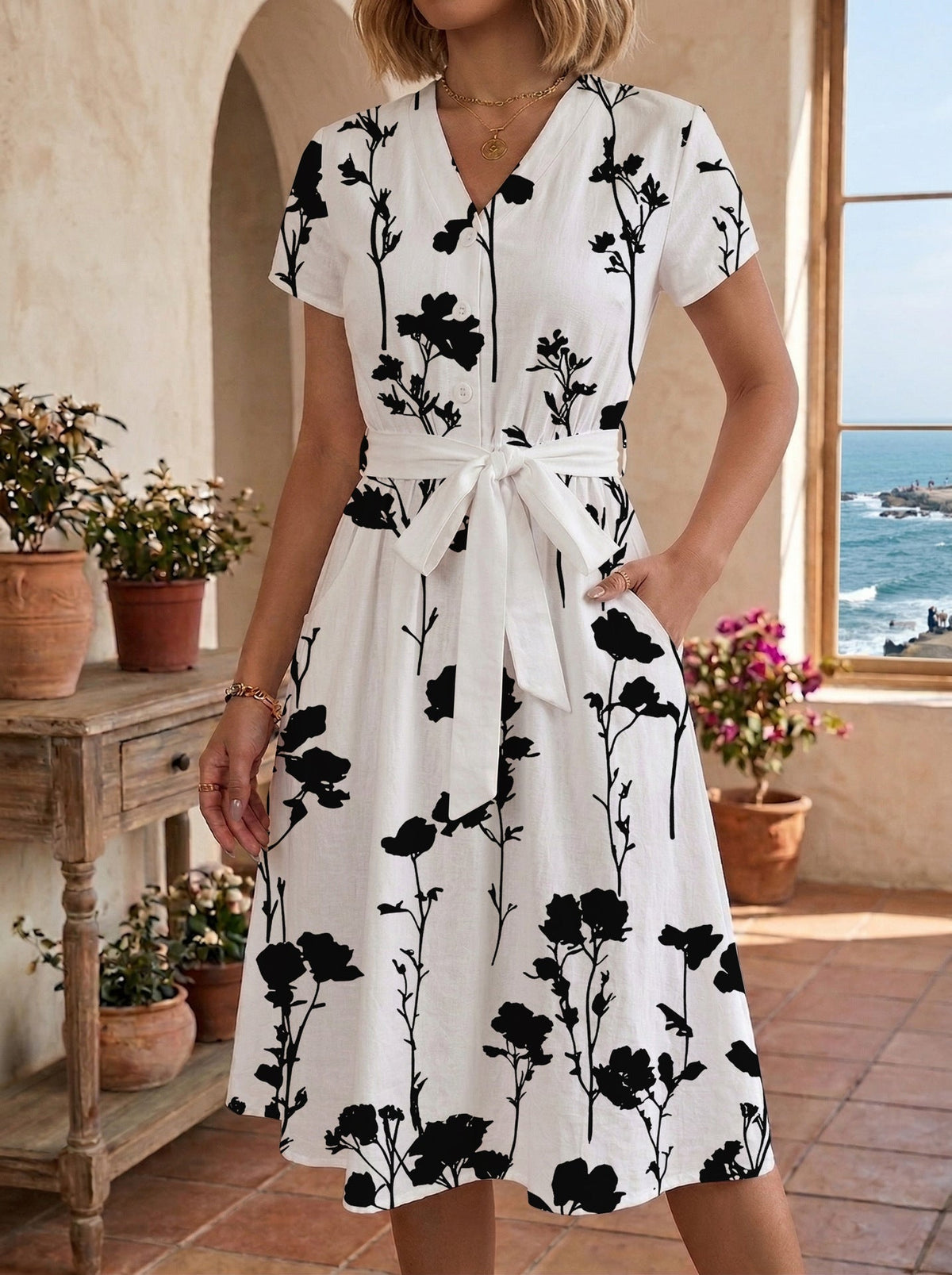 Women's Floral Midi Dress with Adjustable Belt