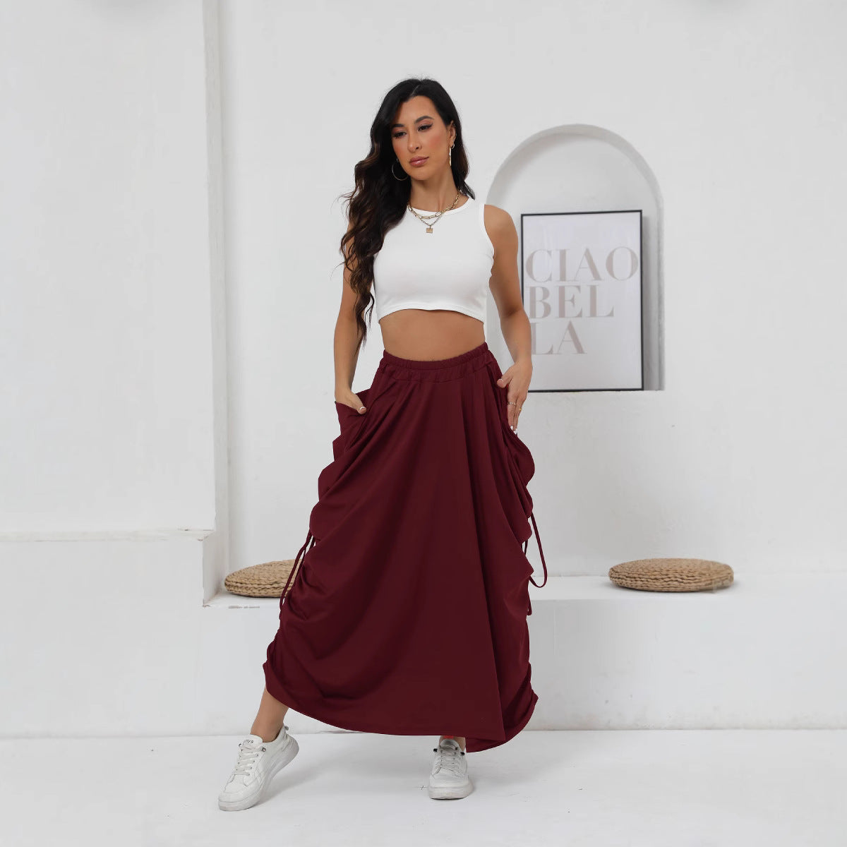 Women's Maxi Skirt with Side Ruching and Pockets