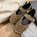 Women's Ballet Flats with Decorative Studs and Elegant Buckle Closure