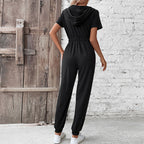 Women's Hooded Jumpsuit with Practical Zipper and Elastic Waist