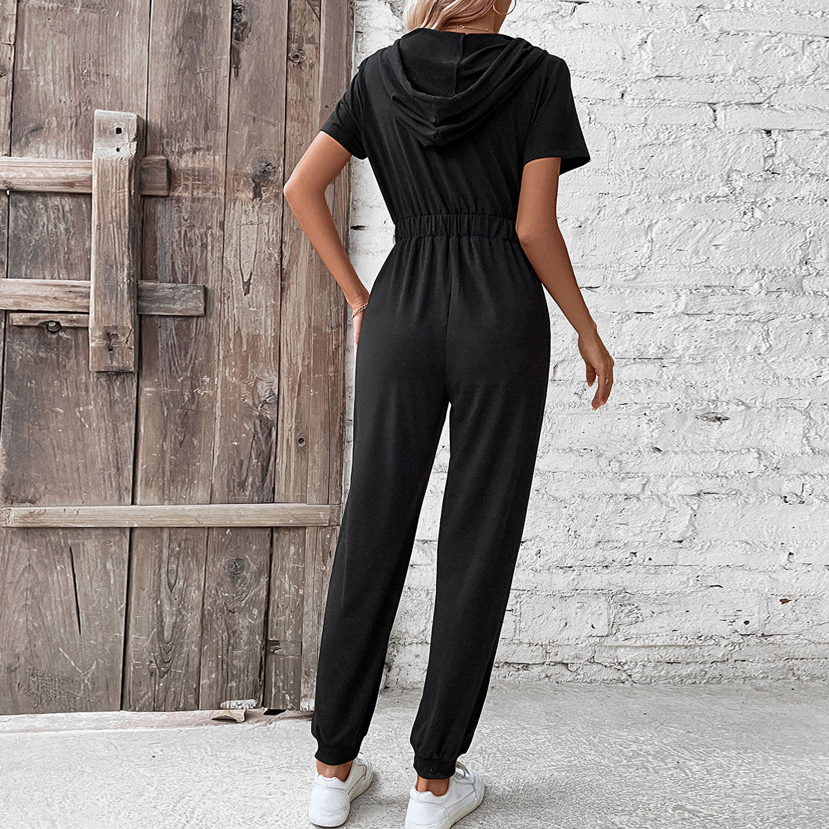 Women's Hooded Jumpsuit with Practical Zipper and Elastic Waist