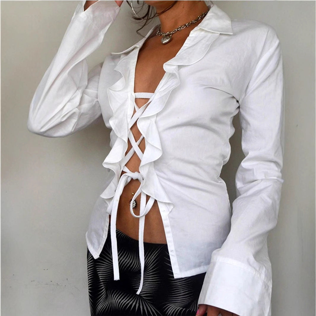 Women's Blouse with Voluminous Ruffles and Adjustable Waist
