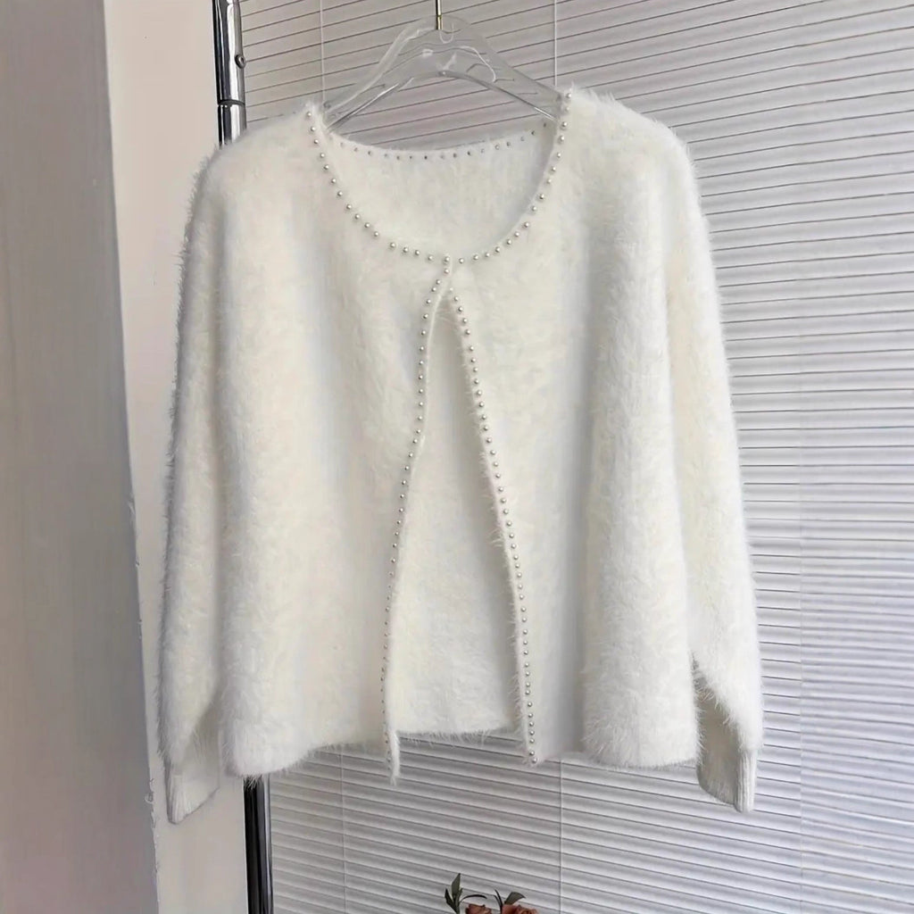 Women's Fluffy Cardigan with Pearl Detail