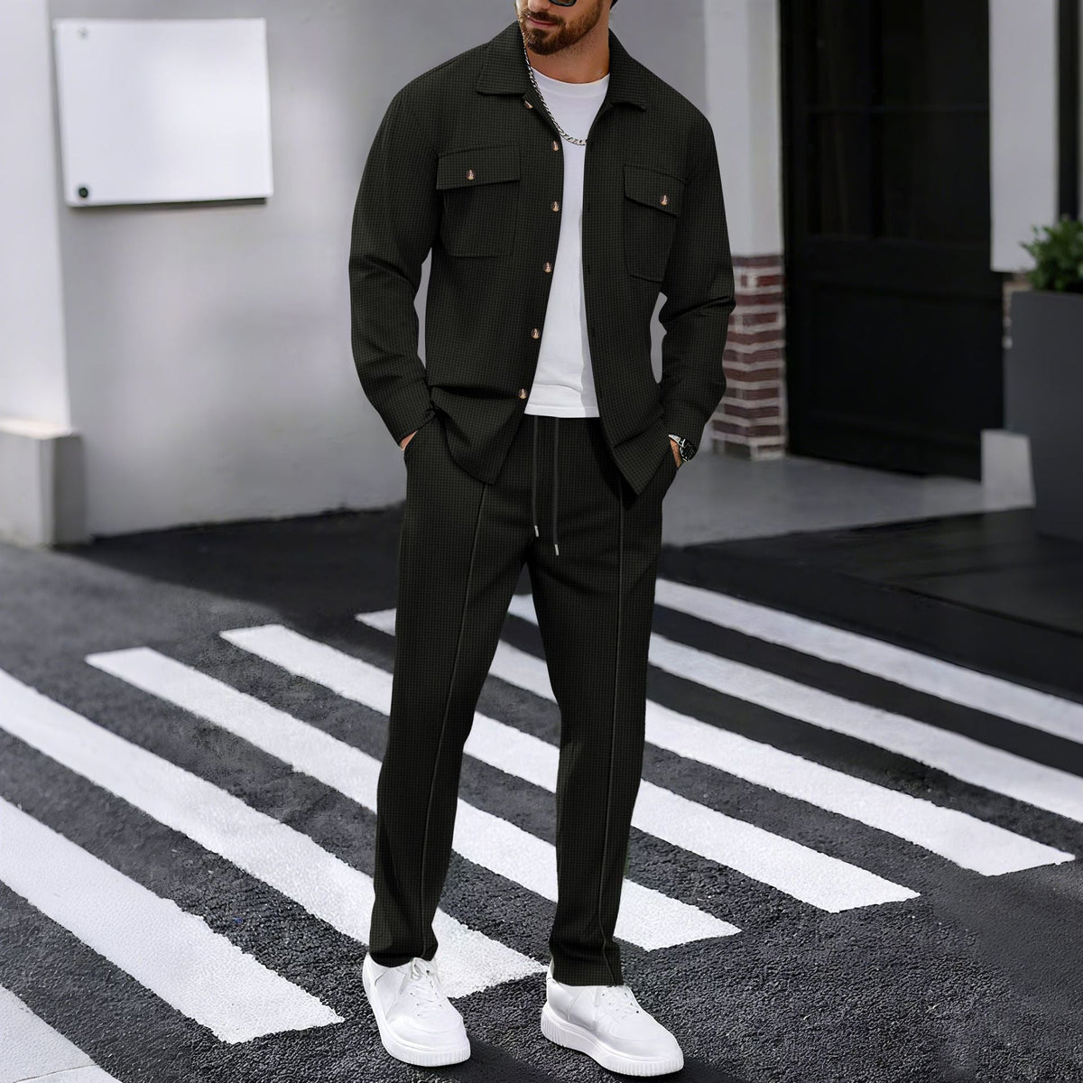 Men's Waffle Structure Shirt Jacket and Relax Pants Set