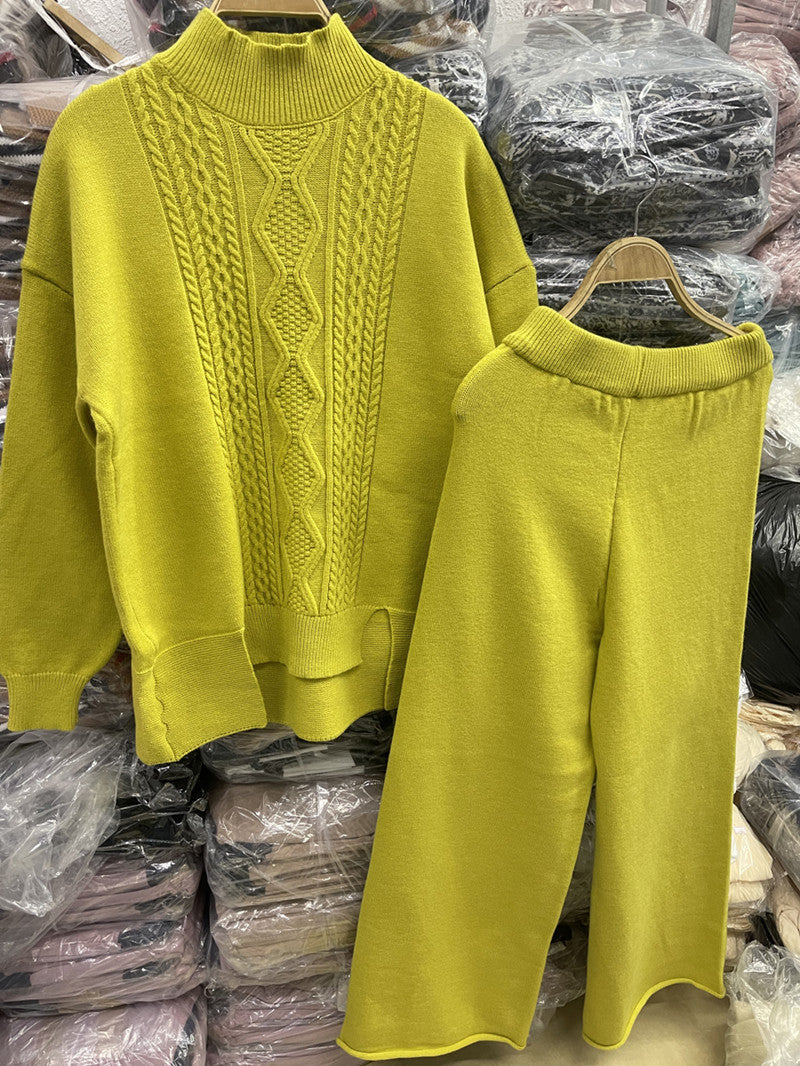 Women's Elegant Knit Suit with High Collar and Colorful Pattern