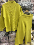 Women's Elegant Knit Suit with High Collar and Colorful Pattern