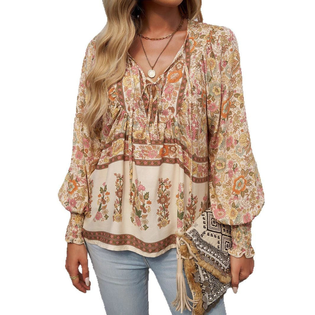 Women's Blouse with Floral Patterns and Tie Neckline