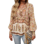 Women's Blouse with Floral Patterns and Tie Neckline