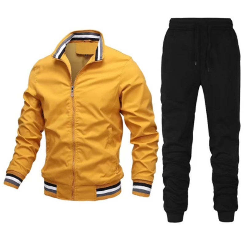Men's sporty leisure training suit set with bomber jacket and elastic jogging pants