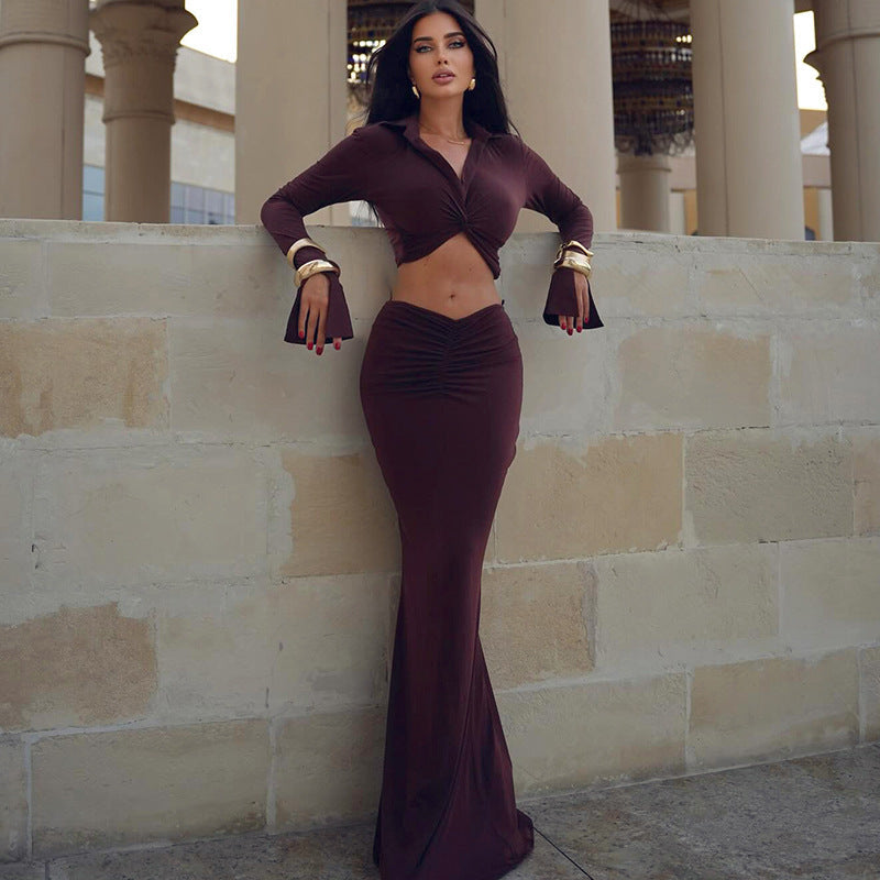 Figure-Hugging Wrap Top and Tube Skirt Set